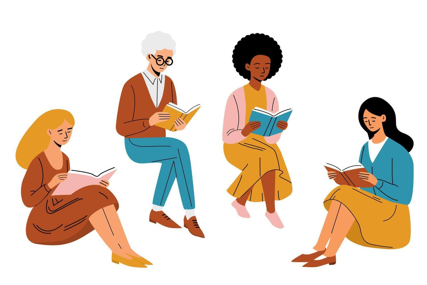 people reading books on a white background vector