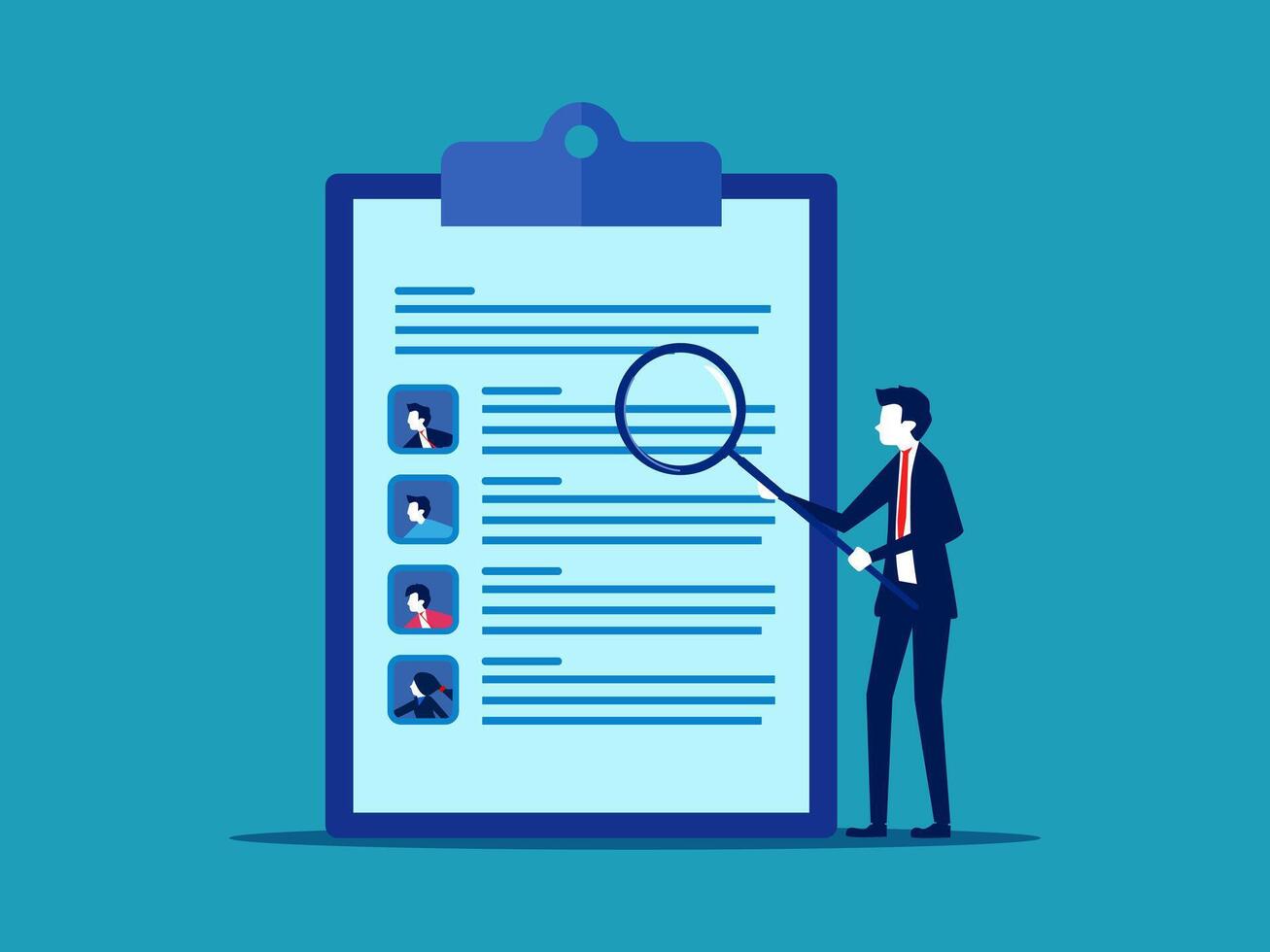 businessman with clipboard and magnifying glass looking at checklist vector
