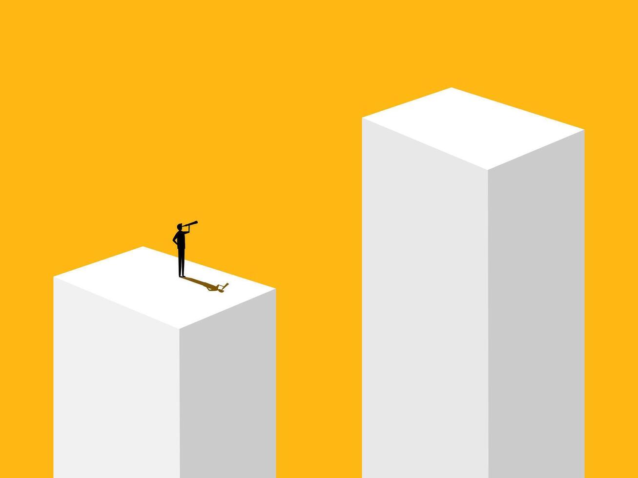 Assess the risk. businessman looks into binoculars and stands on the gap vector