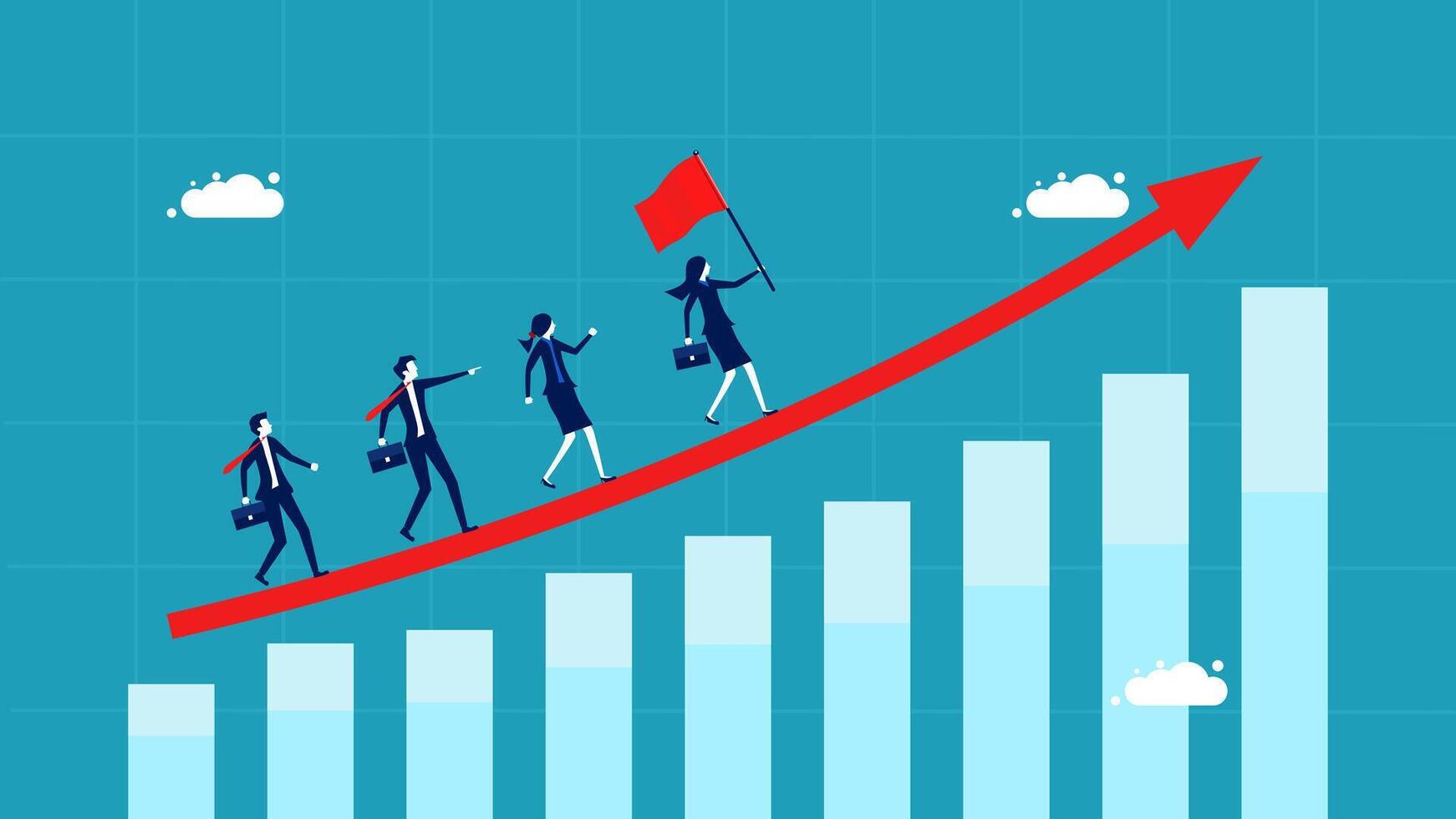 business people climbing up a graph chart vector