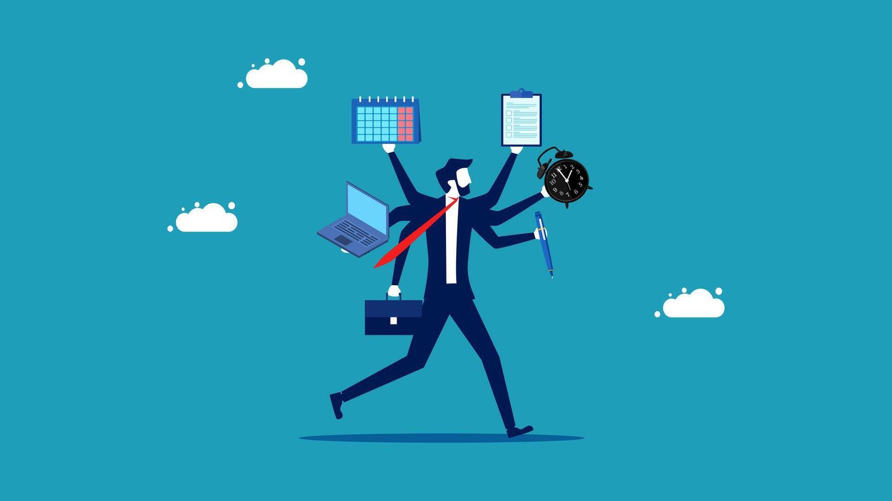 businessman with multiple tasks and documents on his head vector