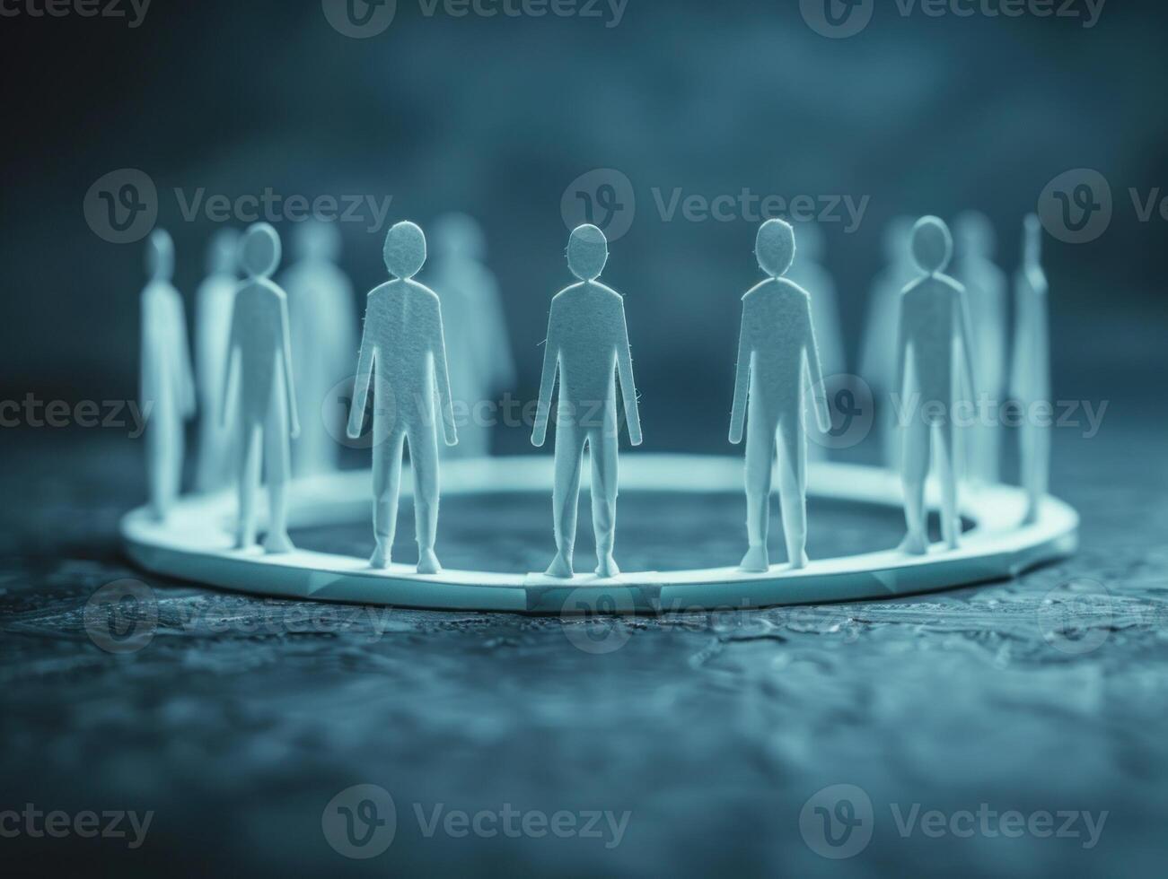 Paper figures stand in a circle on a dark blue textured surface photo