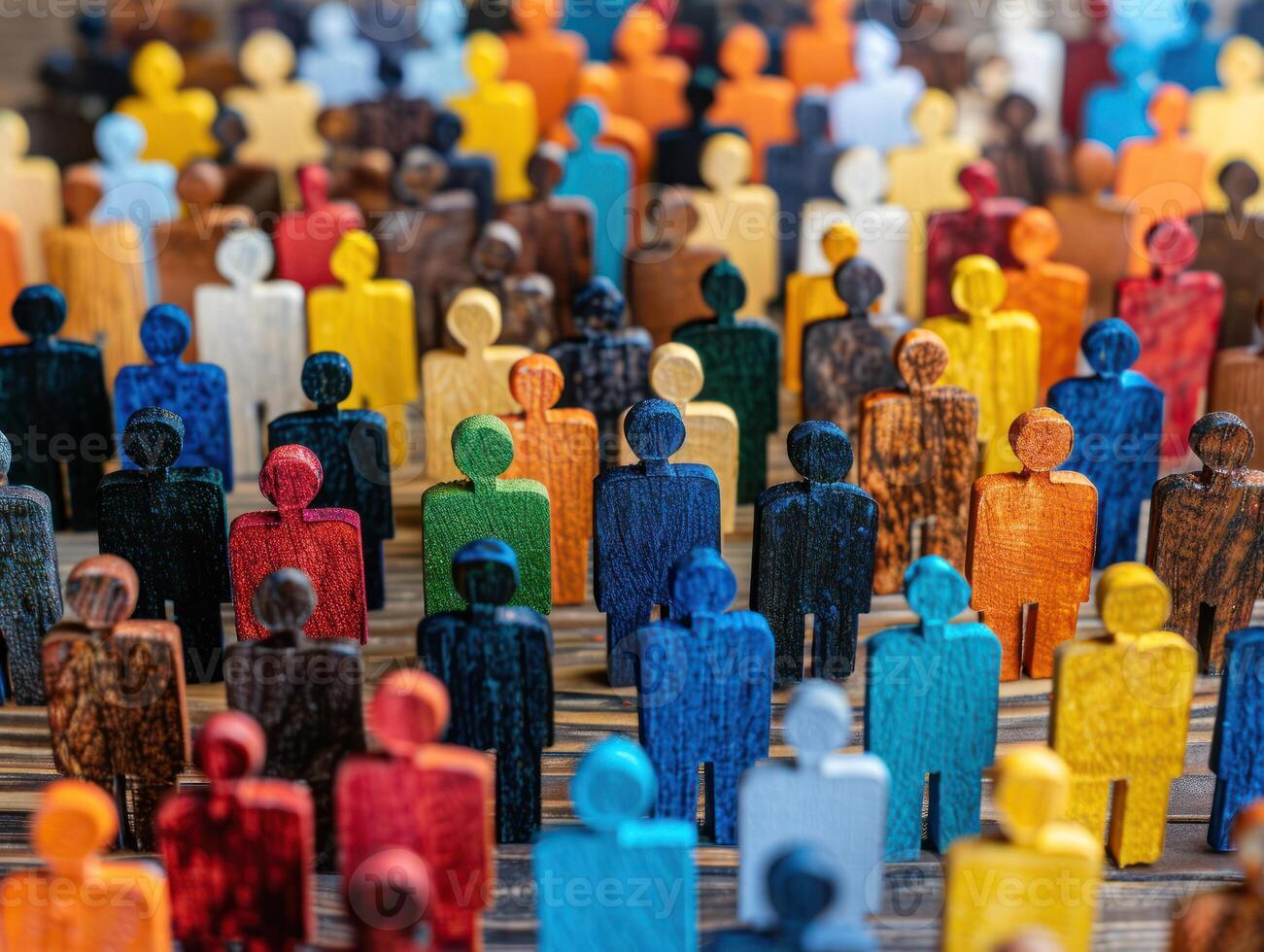 A close-up of a large group of colorful wooden figurines standing together photo