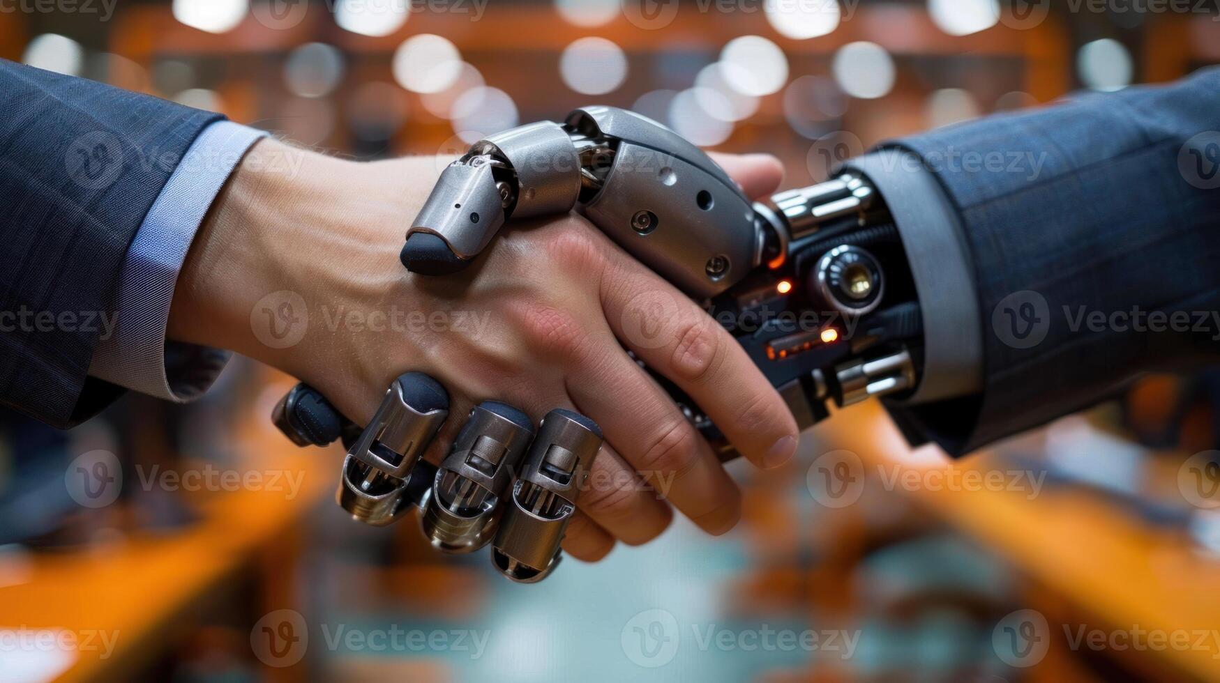 A robotic hand is shaking the hand of a human in an office setting photo