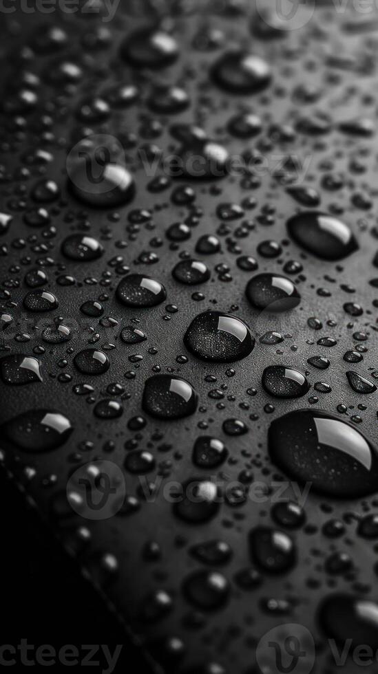 Close-up of water droplets on a black surface photo