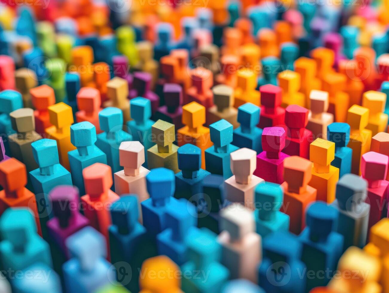 A close-up view of a dense crowd of colorful wooden block people photo