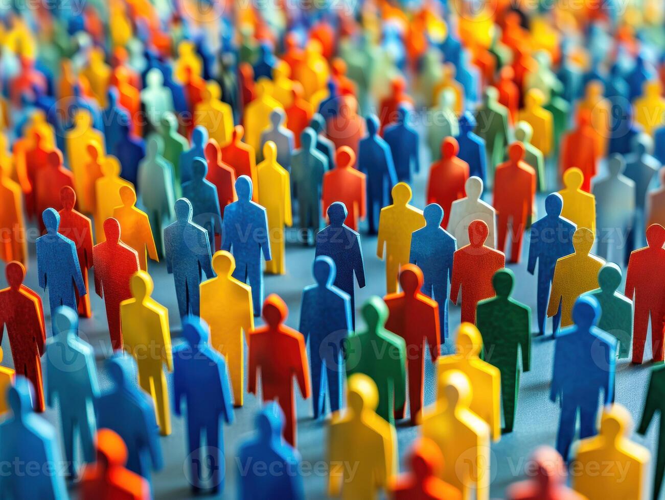 A close-up view of a large group of colorful paper cutout figures standing together photo