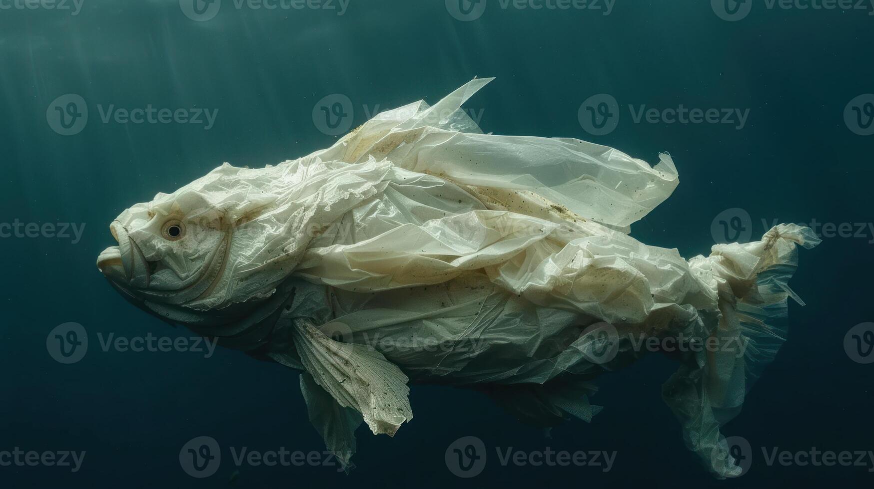 A plastic bag resembling a fish swims through the deep blue ocean photo