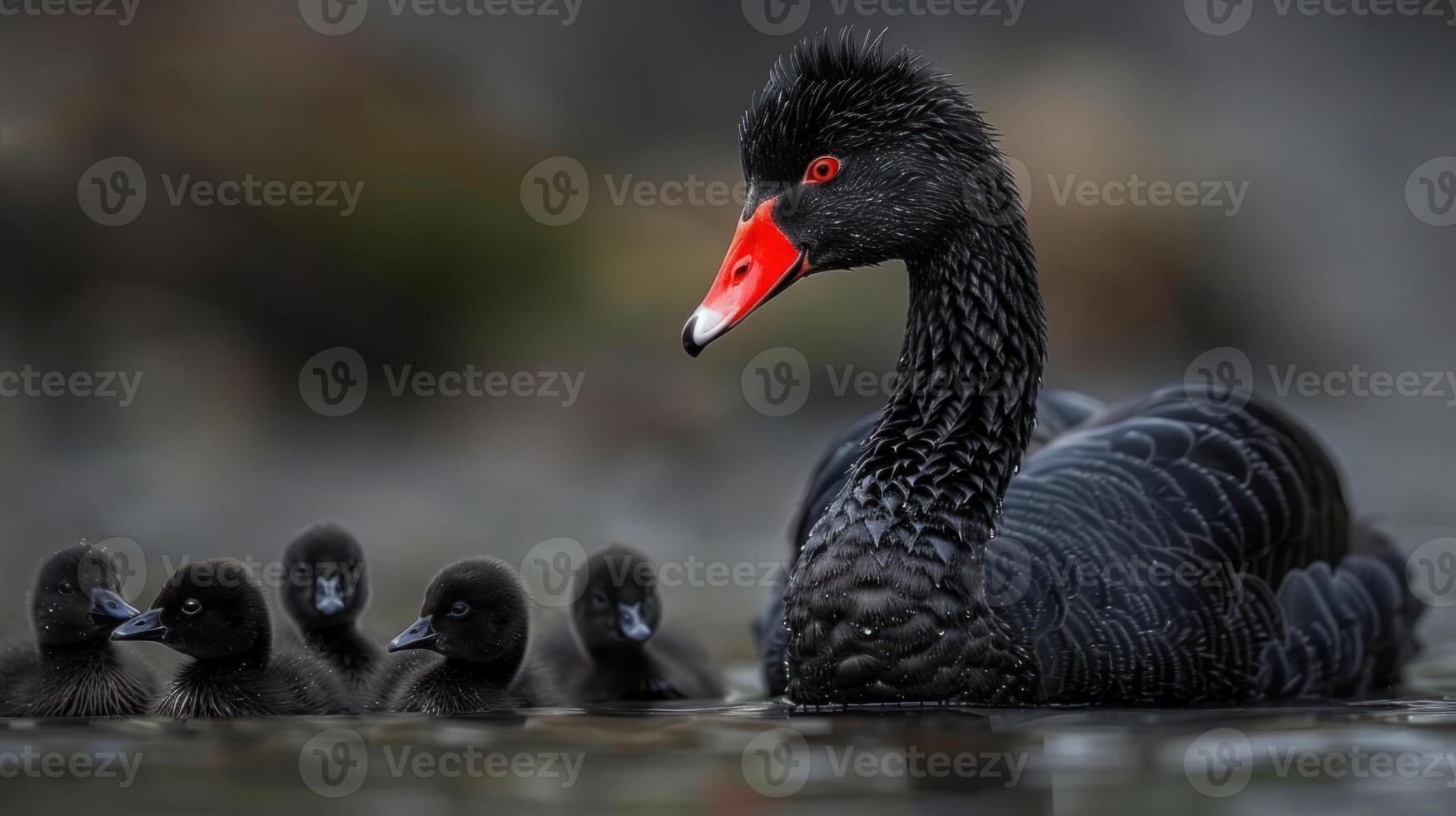 A black swan swims with its cygnets in a pond photo