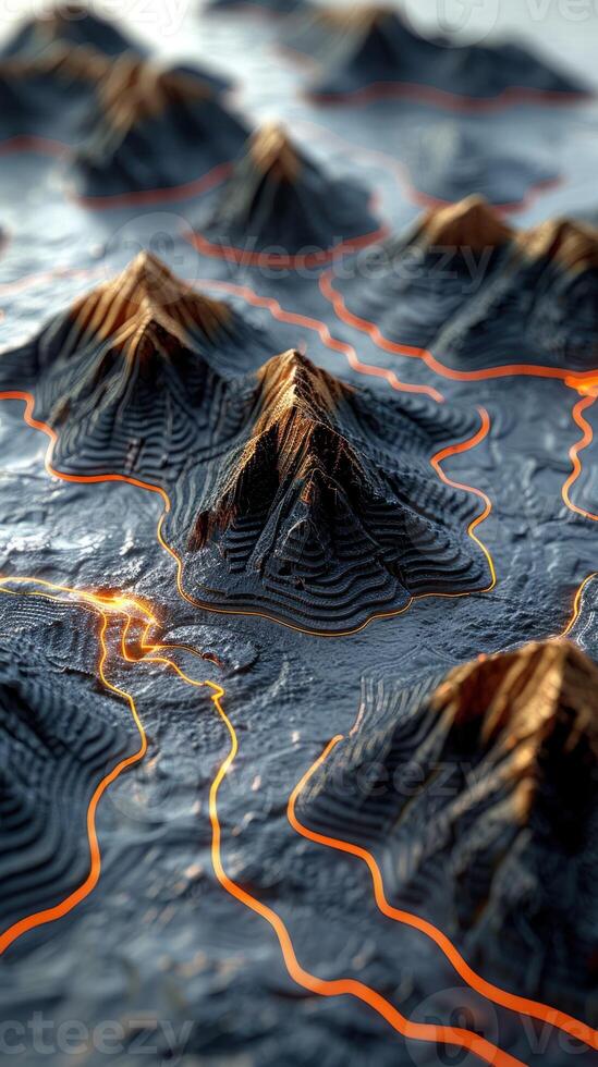 Molten lava flows through a detailed 3D model of volcanic mountains photo