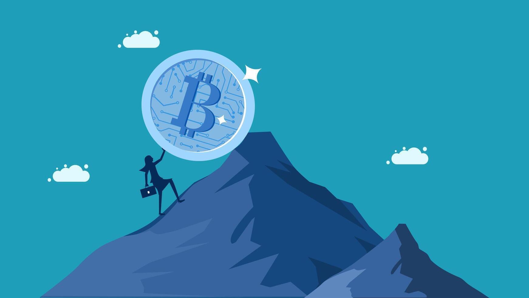 a man is standing on top of a mountain with a bitcoin on top vector