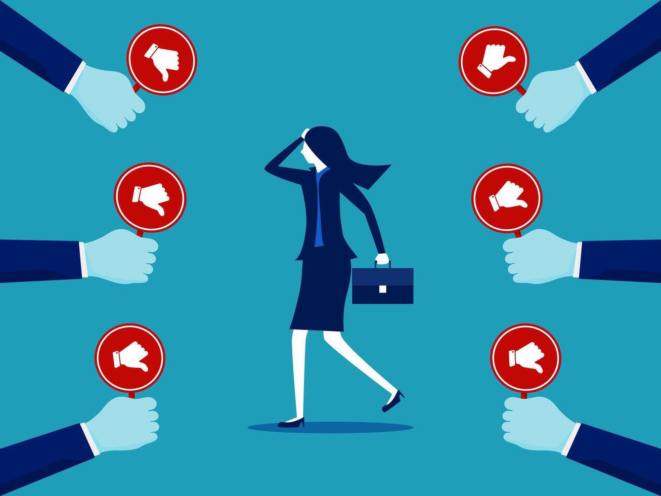 a woman in business attire is surrounded by many hands vector