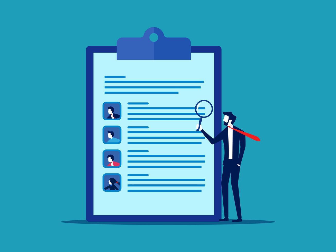 businessman with clipboard and magnifying glass looking at a checklist vector