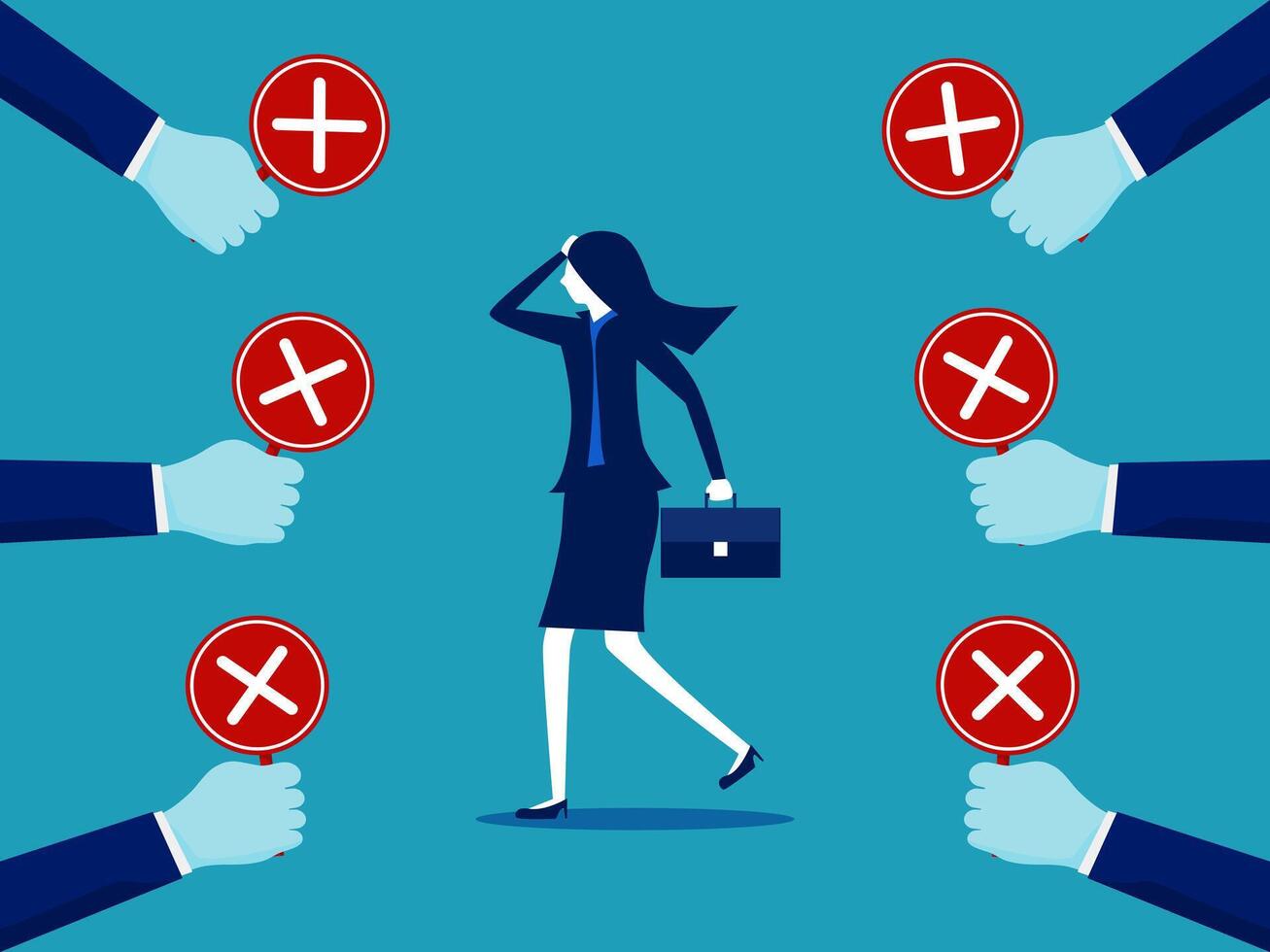 a woman in business attire is surrounded by many hands vector