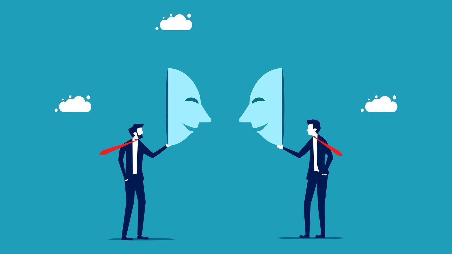 two businessmen are looking at each other with masks on vector