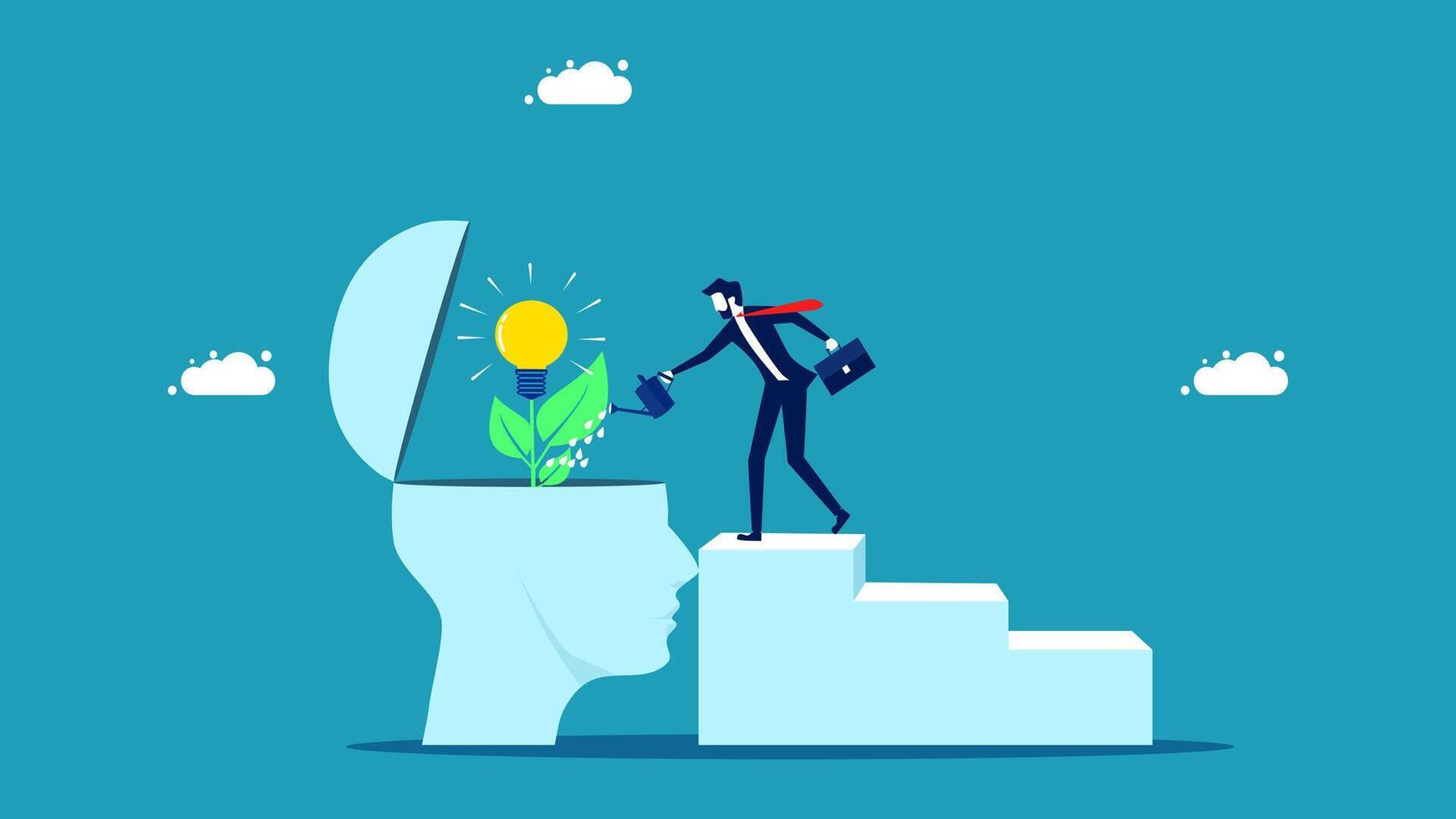 businessman with a light bulb in his head and a plant on top of it vector