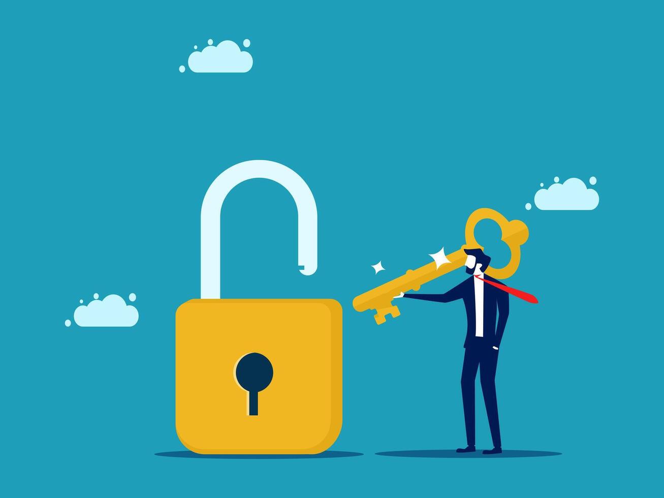 businessman with key to lock padlock vector