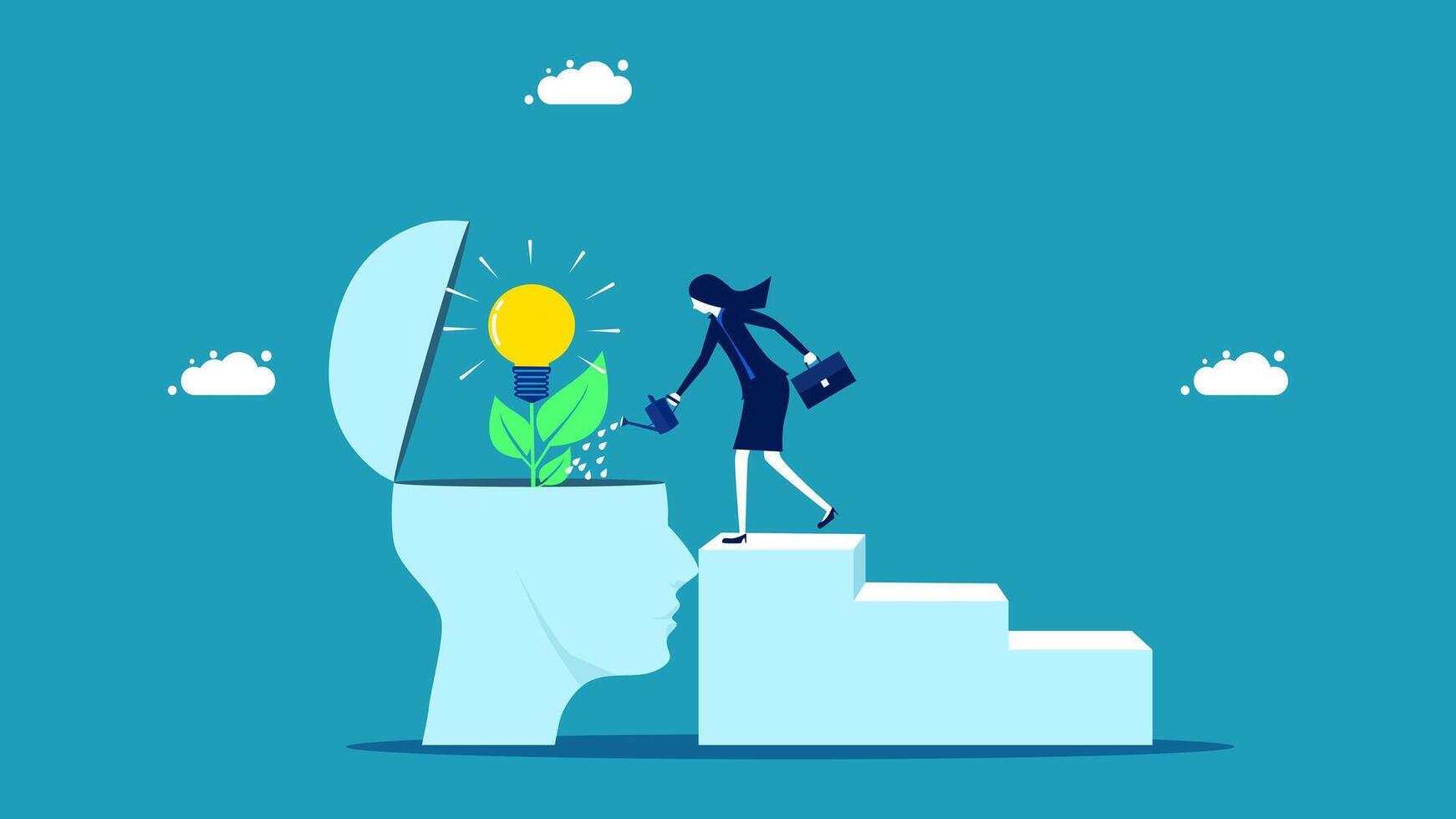 businesswoman standing on top of a ladder with a light bulb in her head vector