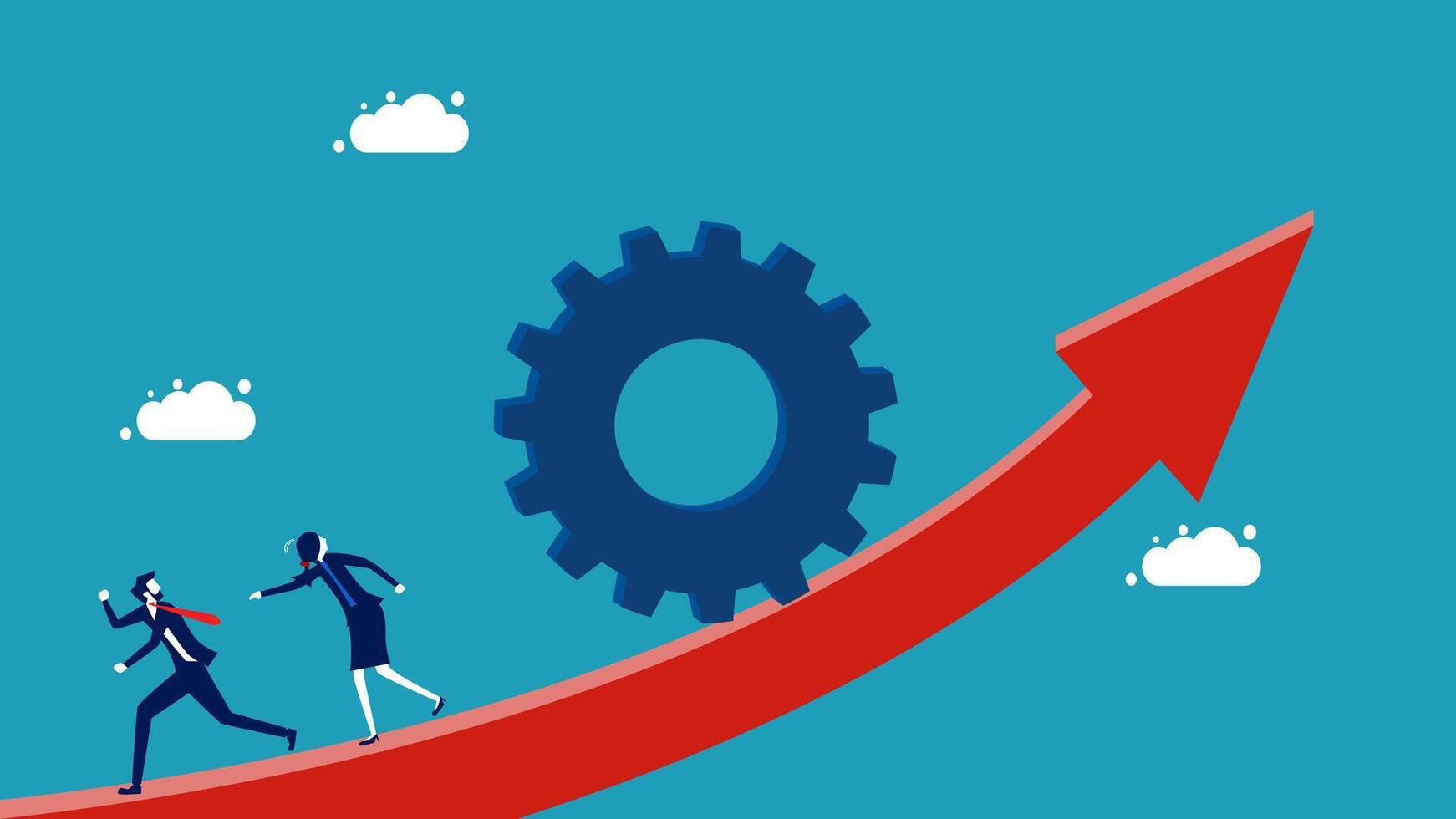 business people running up a red arrow with a gear on it vector