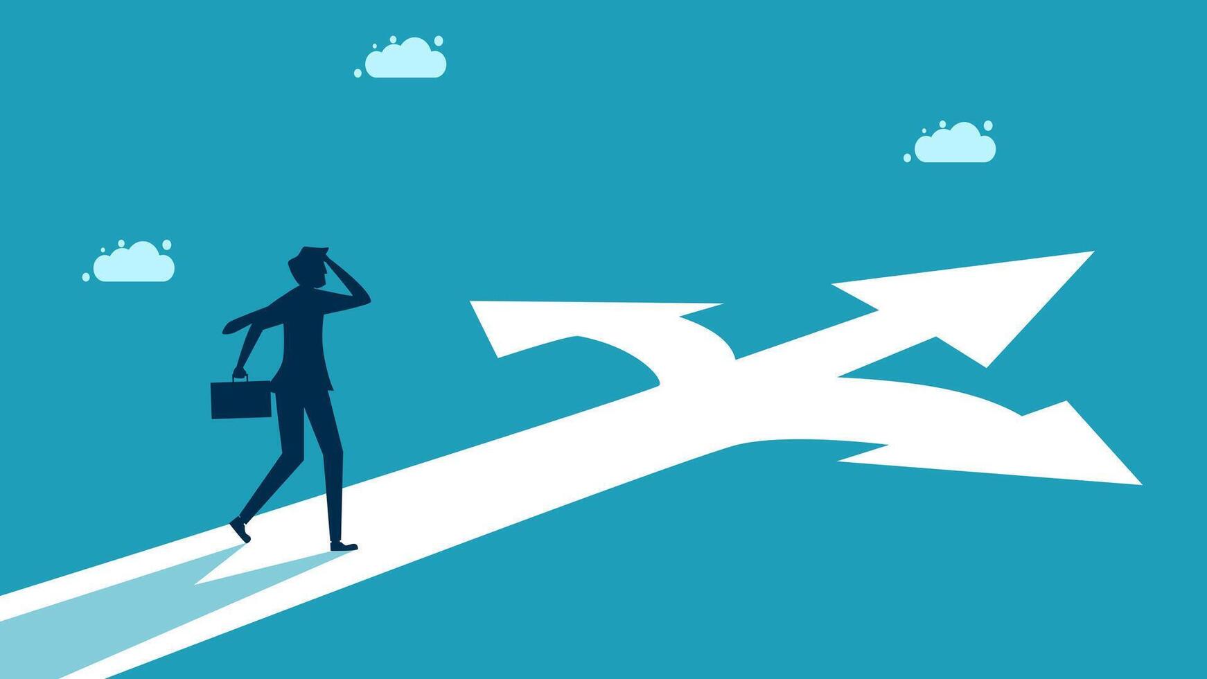 businessman walking on an arrow pointing to the right or left vector