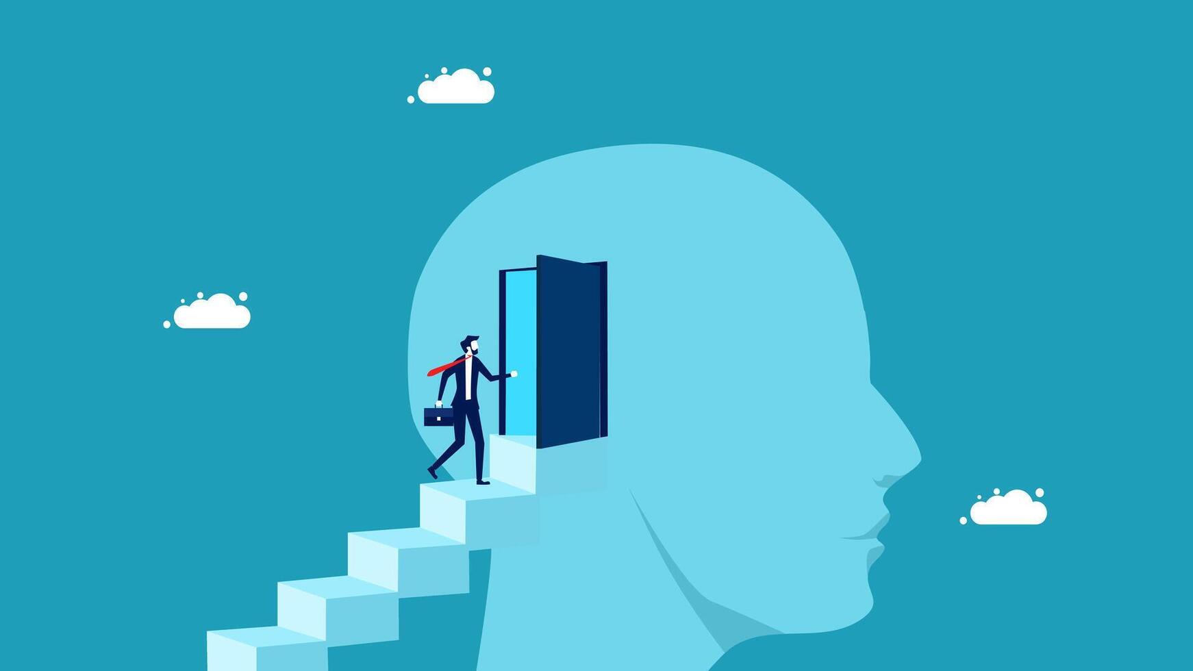 businessman walking up stairs to open door to new opportunity vector