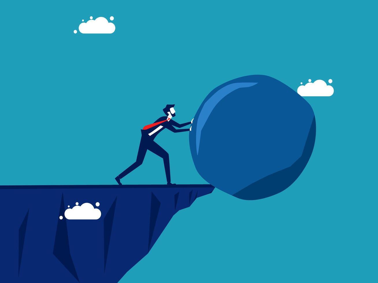 businessman pushing rock to the top of cliff vector