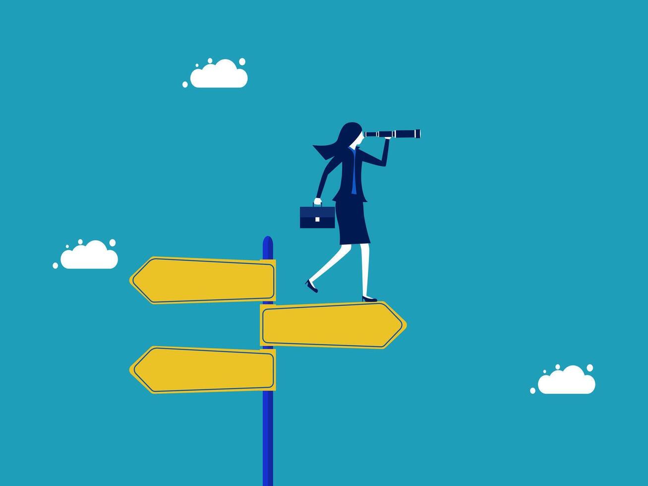 businesswoman standing on top of a sign pointing to different directions vector