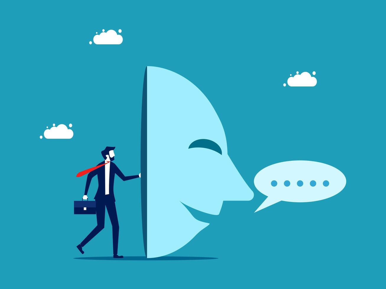 businessman talking to a man with a mask and speech bubble vector