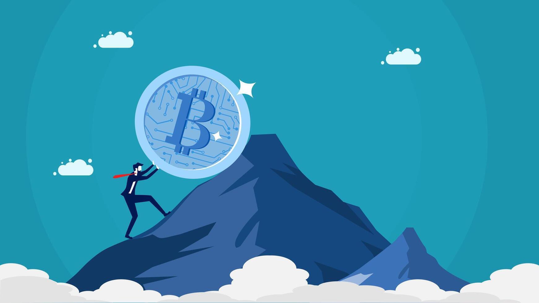 a man is climbing up a mountain with a bitcoin vector