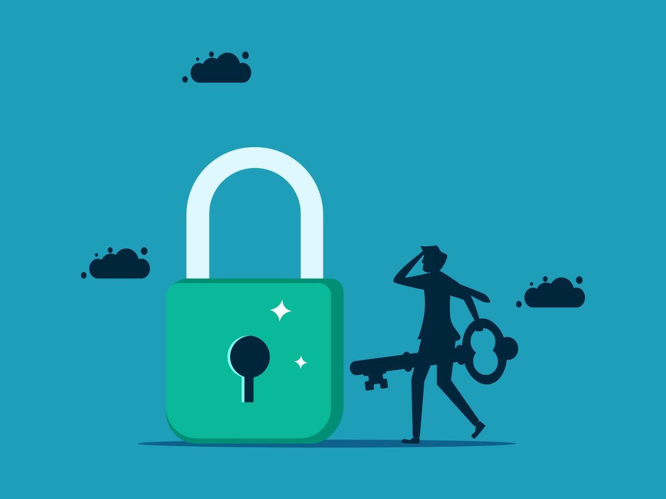 a man is walking towards a padlock with a key vector