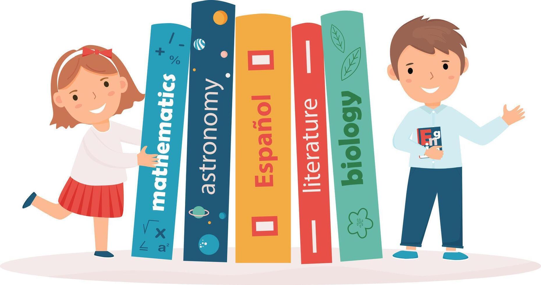 School childrens with text books. Boy and girl are standing near books. Back to school education concept. Cartoon characters. Education poster, flyer,template. vector
