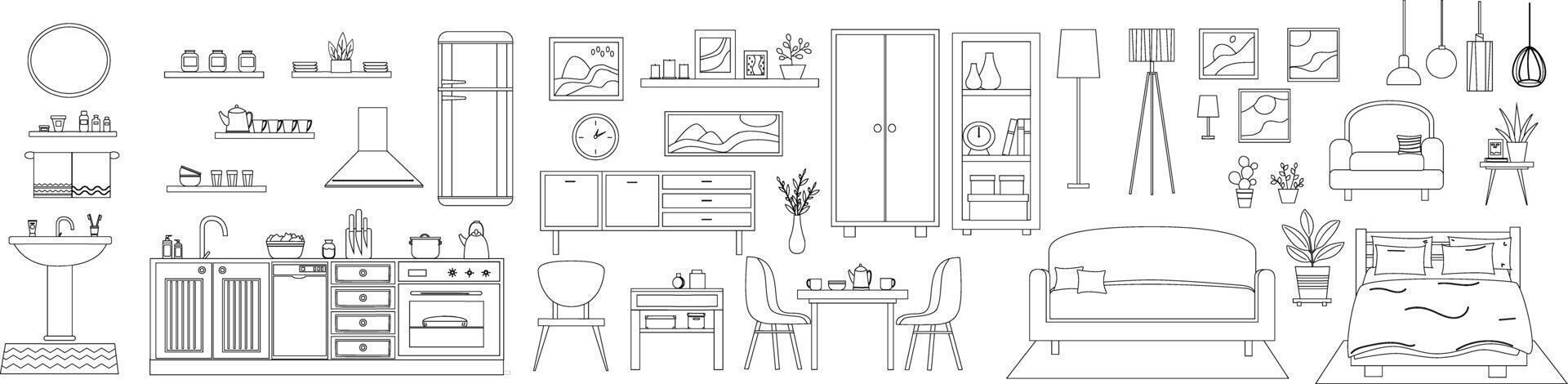 Set of modern furniture in line art style. Outline furniture for Llving room, bedroom, kitchen. Sofa, armchair, table, balcony, rack, home plants, table, decoration. vector