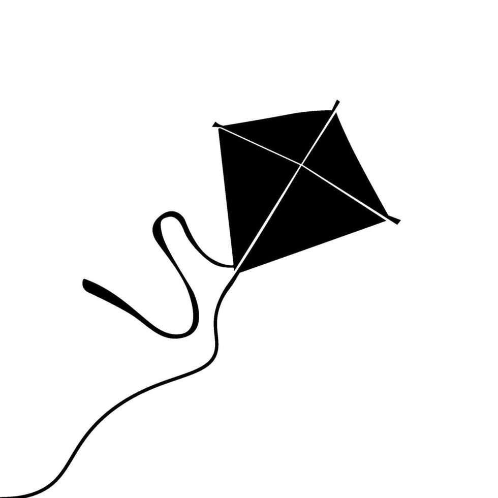 Black silhouette of flying kite, of carefree flying kite, silhouette outdoor recreation, skyward activity, pastime wind toy, air freedom, sport string illustration vector