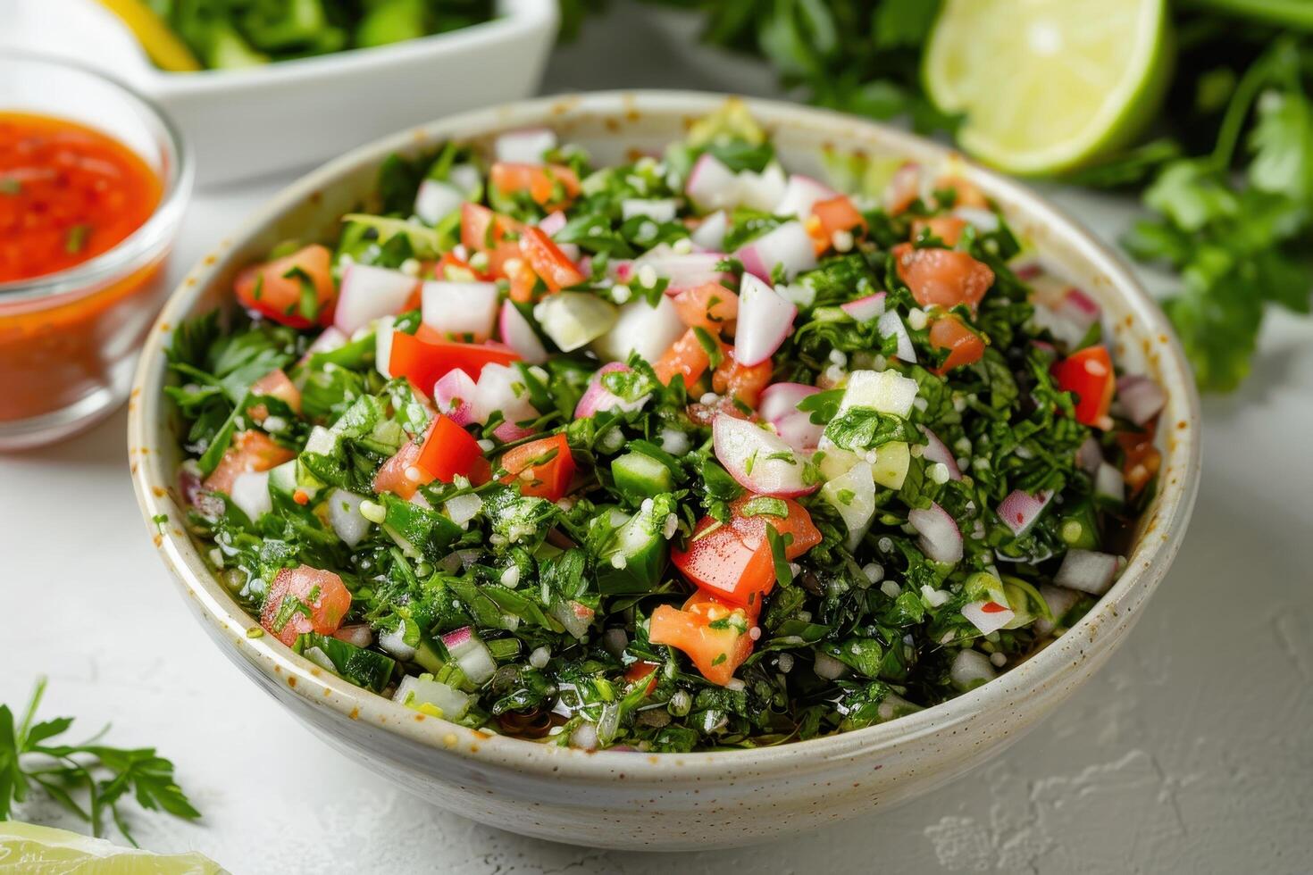 Fresh Tabbouleh Salad in a Bowl with Tomatoes, Cucumber, and Radishes photo
