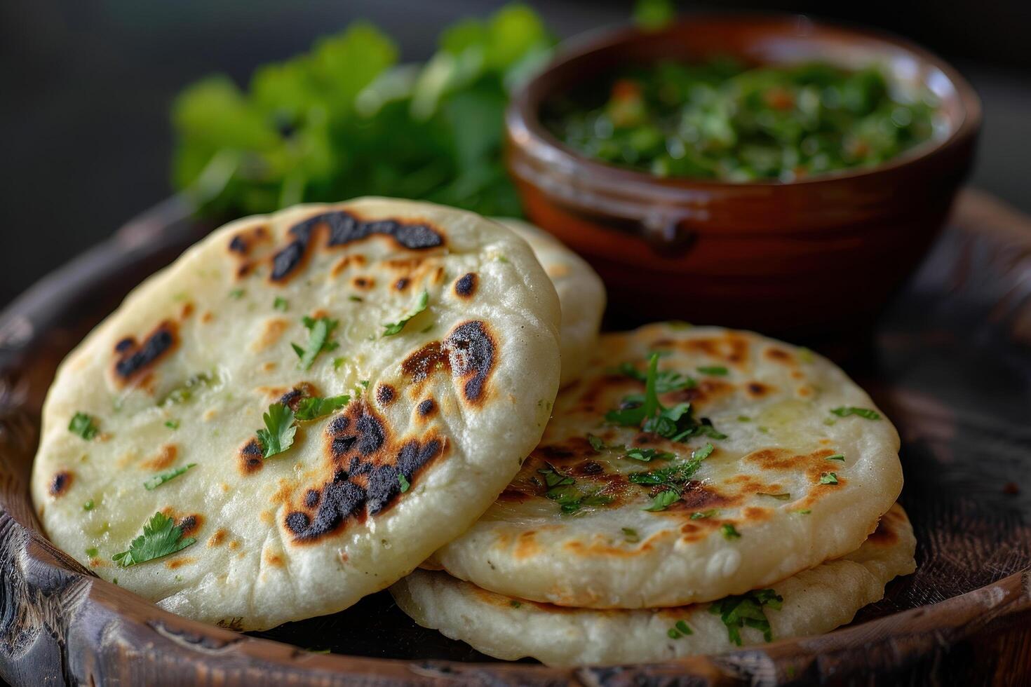 Close-up of Three Golden Brown Naan Breads with Cilantro Garnishes photo