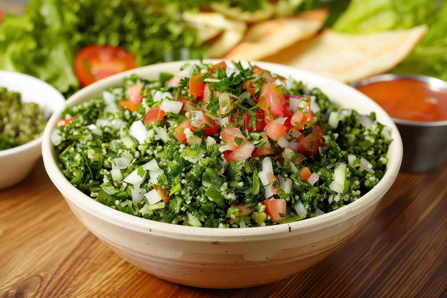 A bowl of fresh tabbouleh salad with tomatoes, onions, and parsley photo