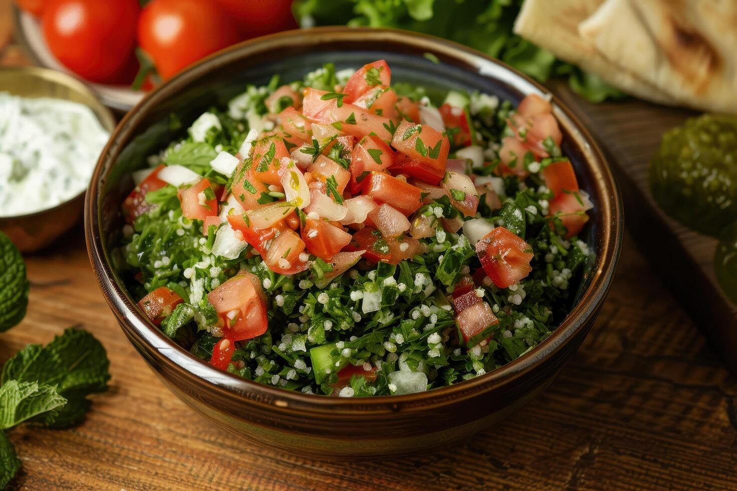 Bowl of Tabbouleh Salad with Tomatoes, Parsley, and Bulgur Wheat photo