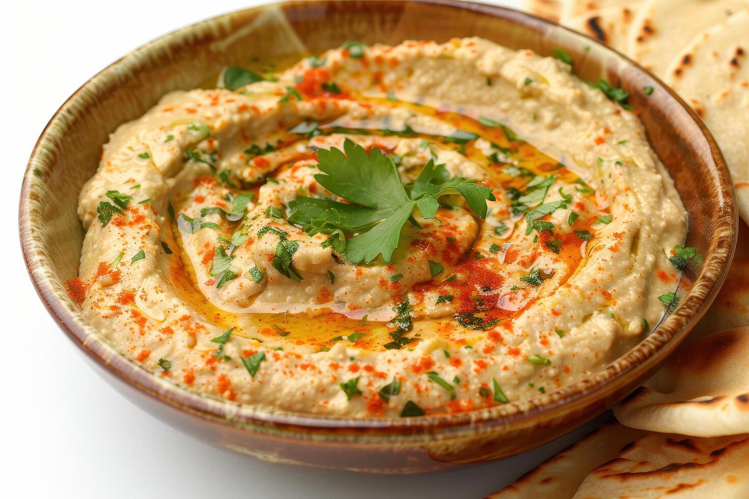 Hummus Dip with Parsley and Paprika in a Brown Bowl photo
