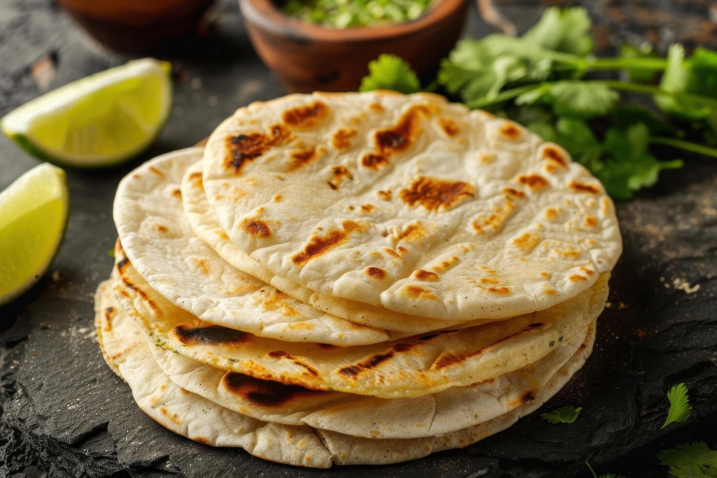 A Stack of Soft, Grilled Tortillas with Lime Wedges and Cilantro photo