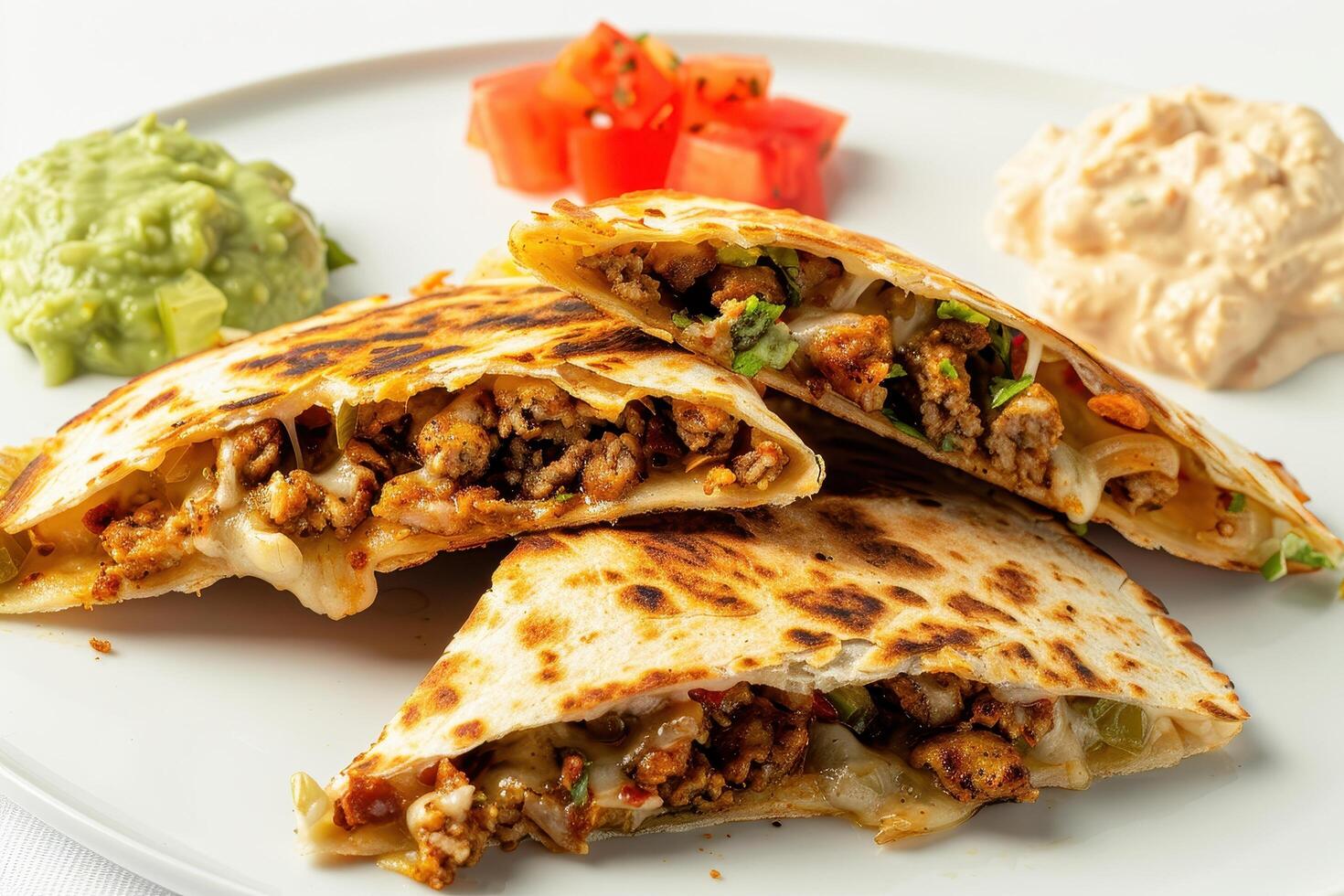 Three Crispy Quesadillas with Cheese and Ground Beef Filling photo