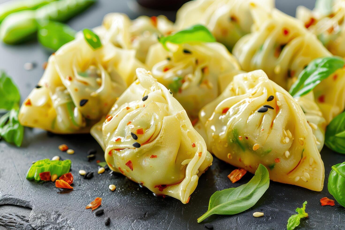 Close-up of Steamed Dumplings with Sesame Seeds and Basil photo