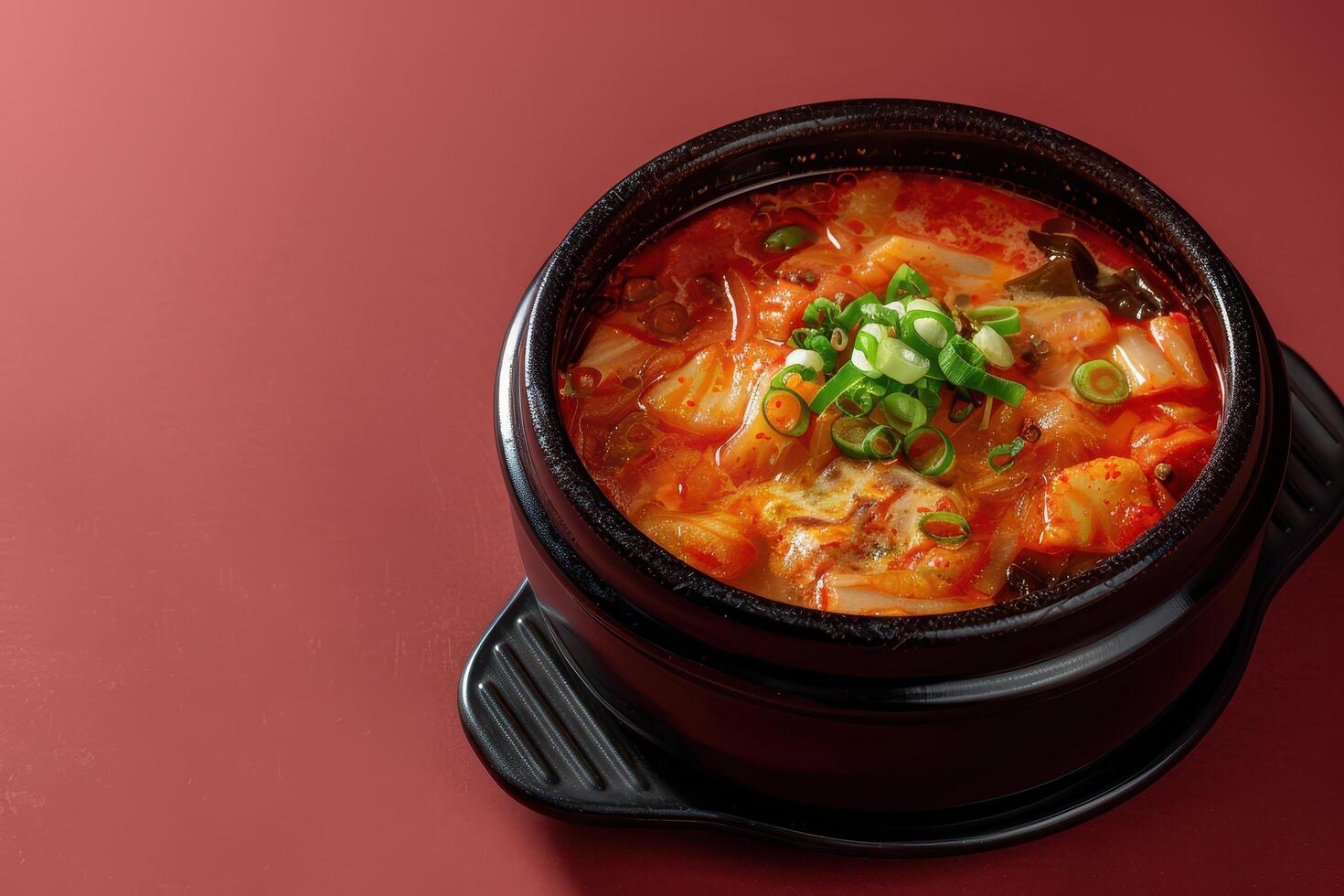 Spicy Kimchi Soup with Green Onions in Black Bowl photo