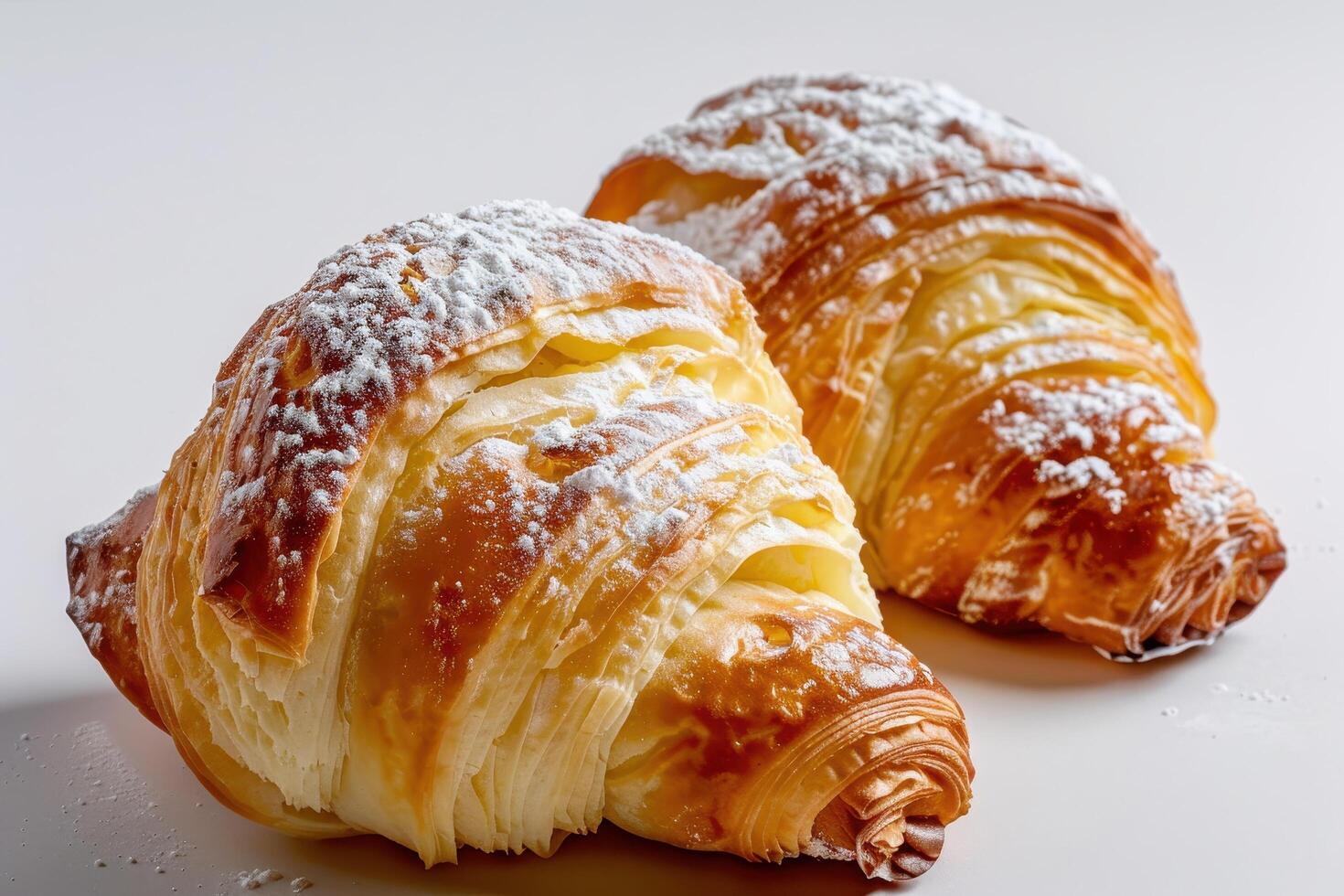 Two Golden Croissants Dusted with Powdered Sugar photo
