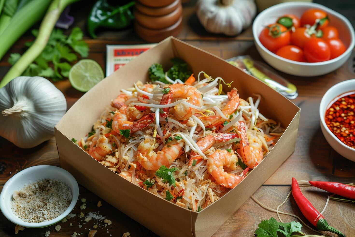 Pad Thai with Shrimp, Bean Sprouts, and Chili Peppers in a Takeout Box photo