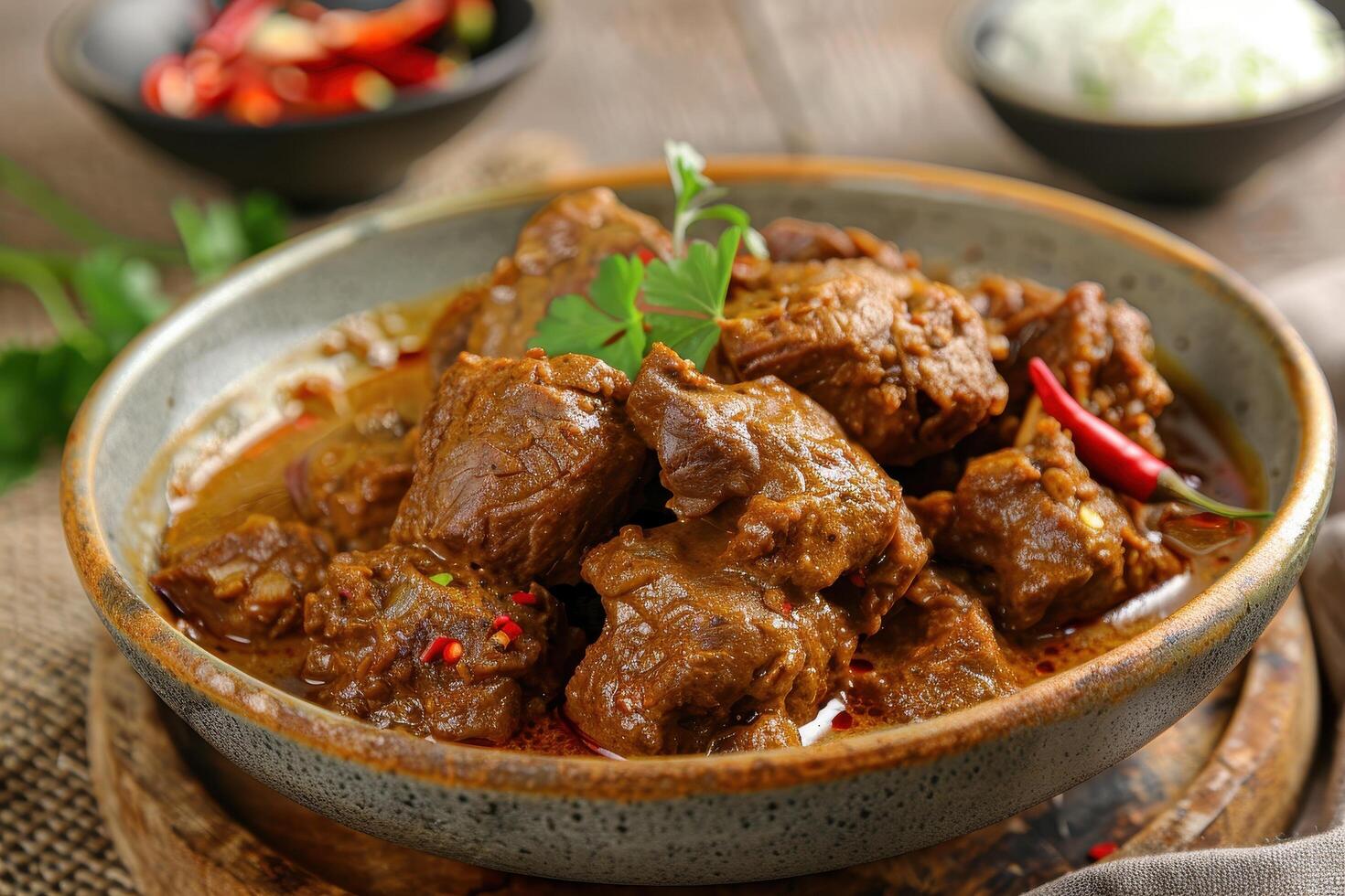 Close-up of Beef Curry in a Bowl with Red Chili Peppers photo
