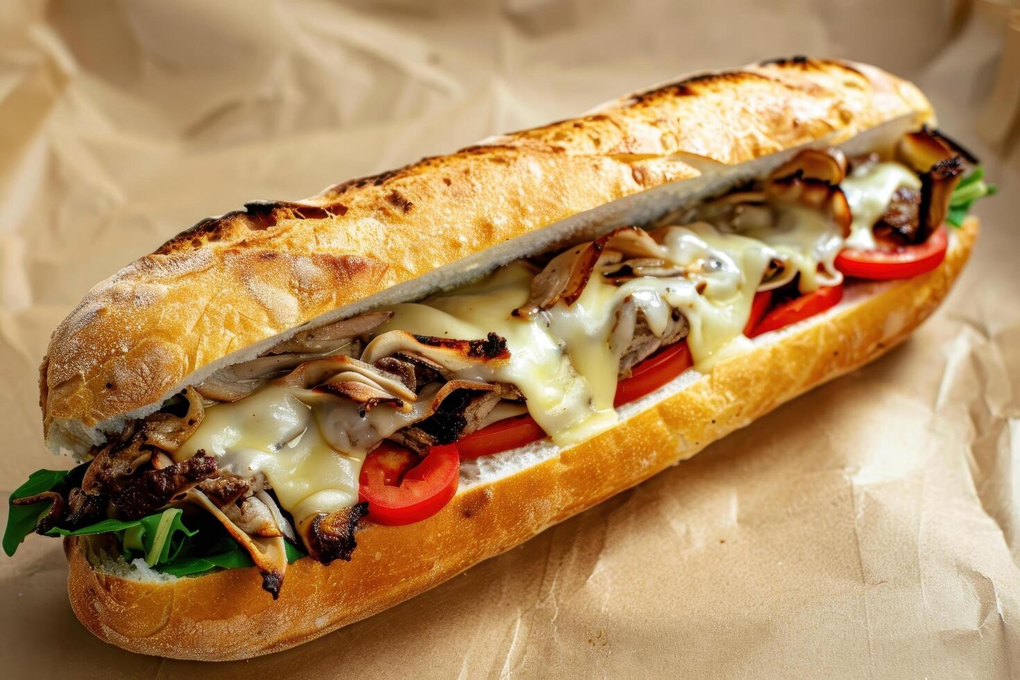 Grilled Mushroom and Cheese Sub with Tomato and Greens photo