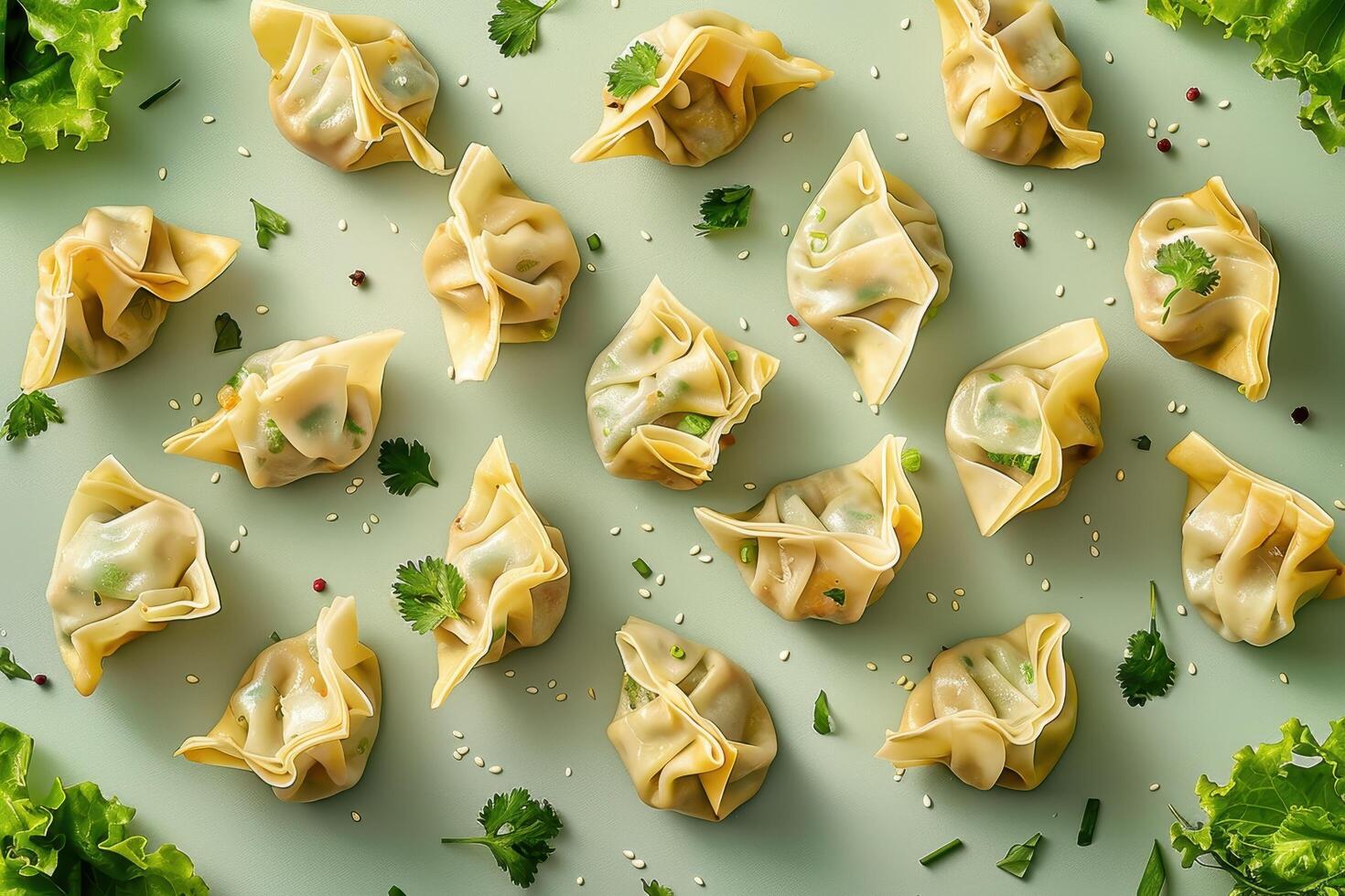 A Plate of Steamed Dumplings with Sesame Seeds, Parsley, and Green Onion photo