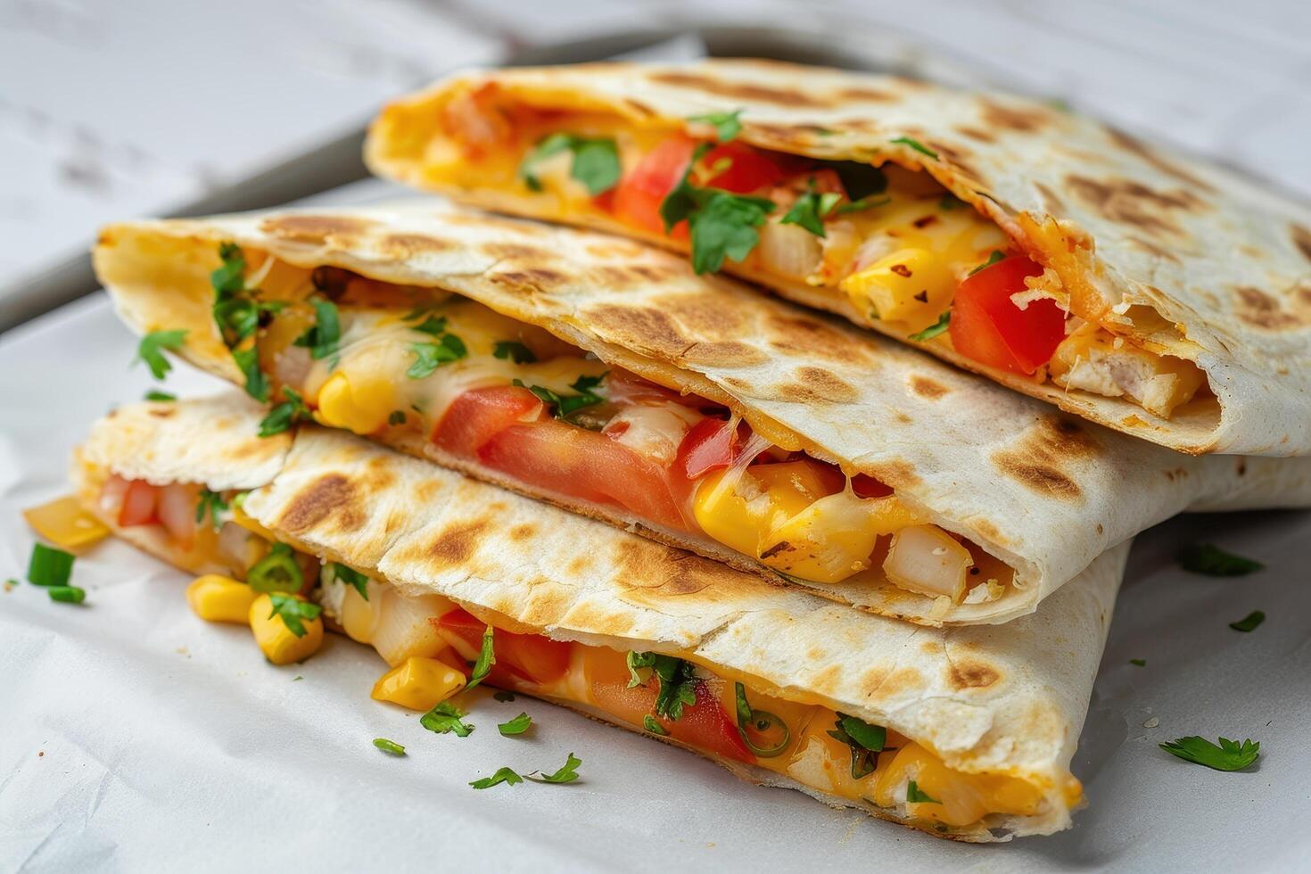 Close-up of Three Cheesy Quesadillas with Tomatoes and Corn photo