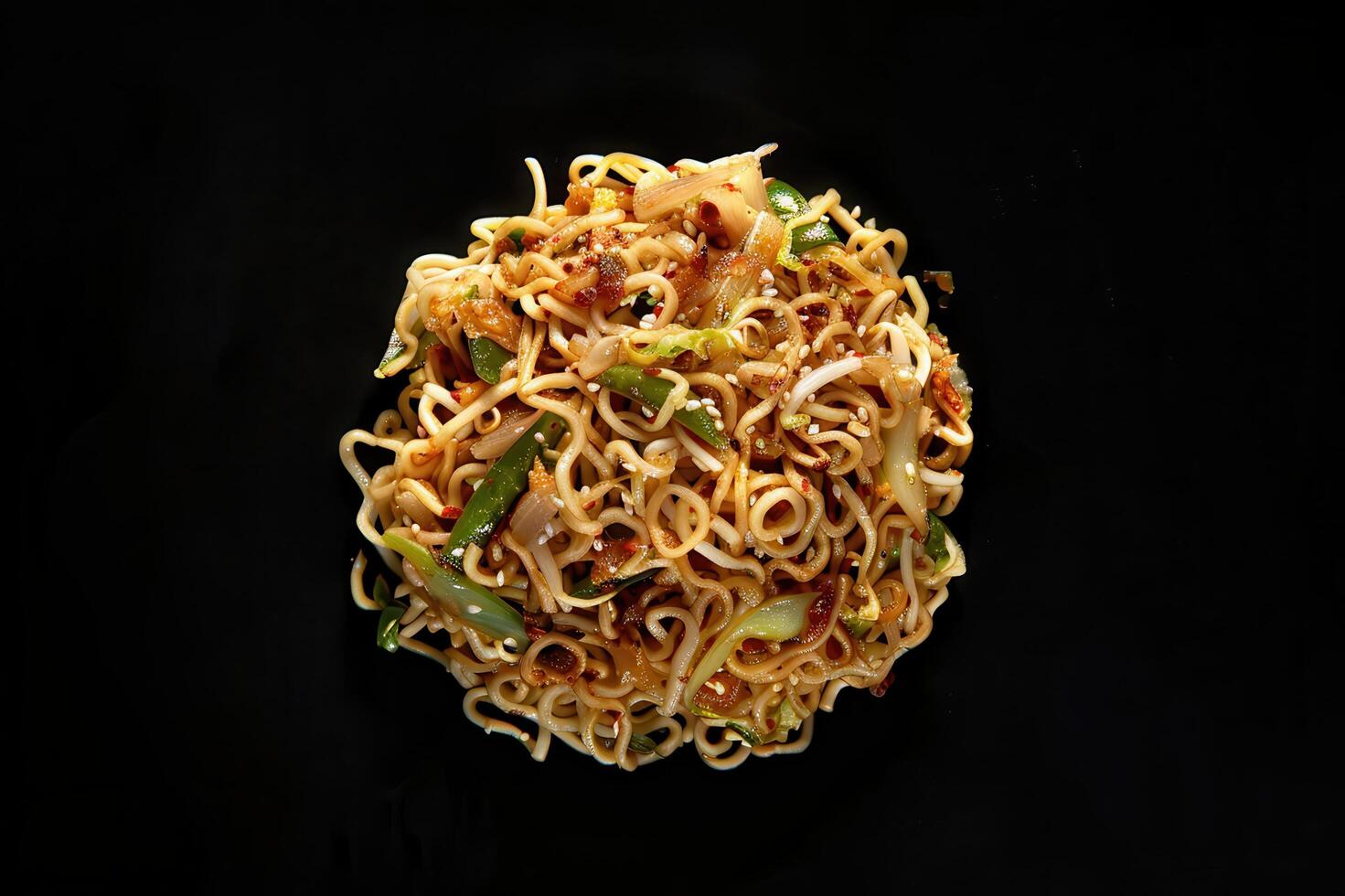 Close-up of Stir-fried Noodles with Vegetables and Sesame Seeds photo