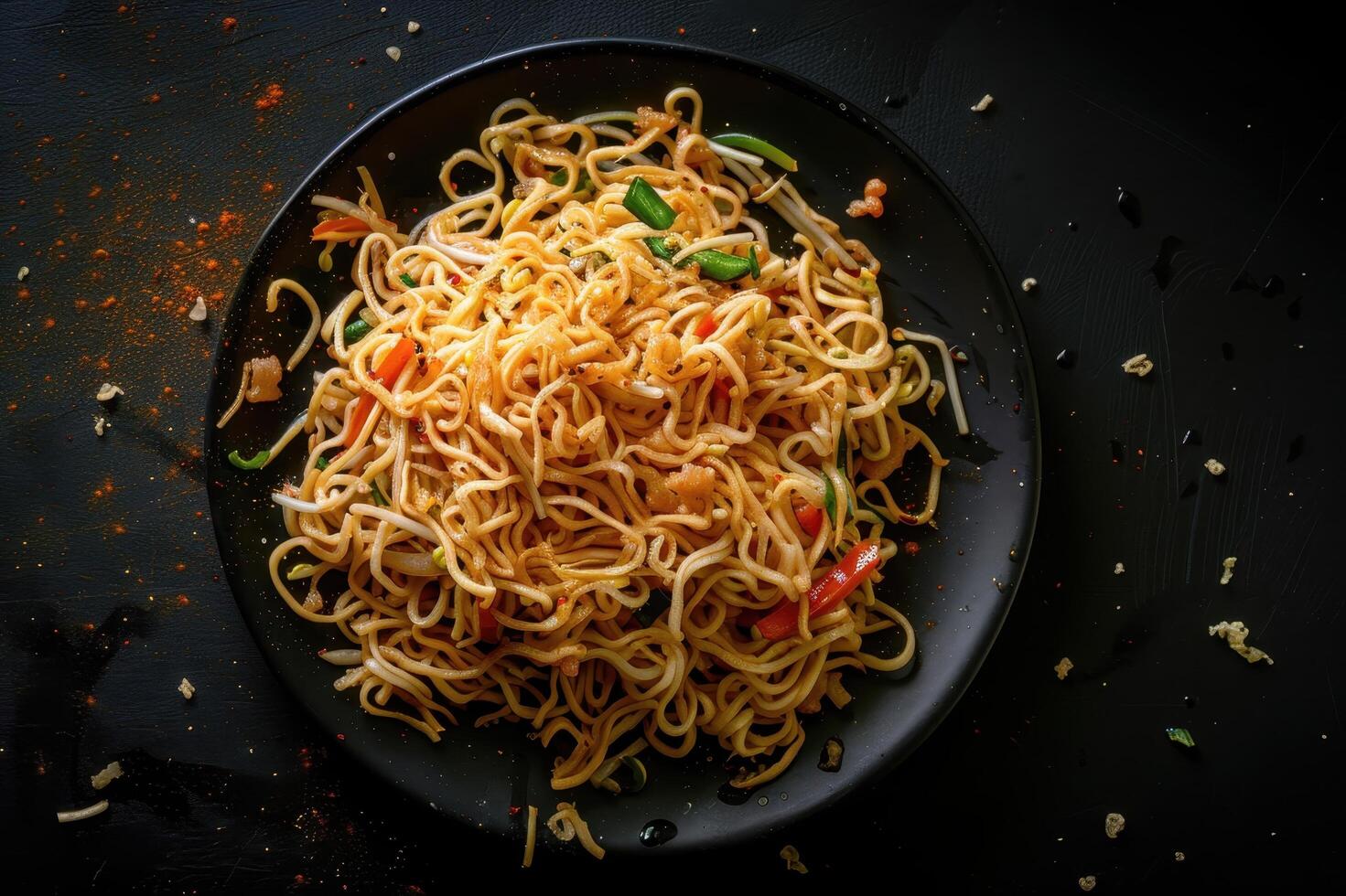 Stir-fried Noodles with Vegetables on Black Plate photo
